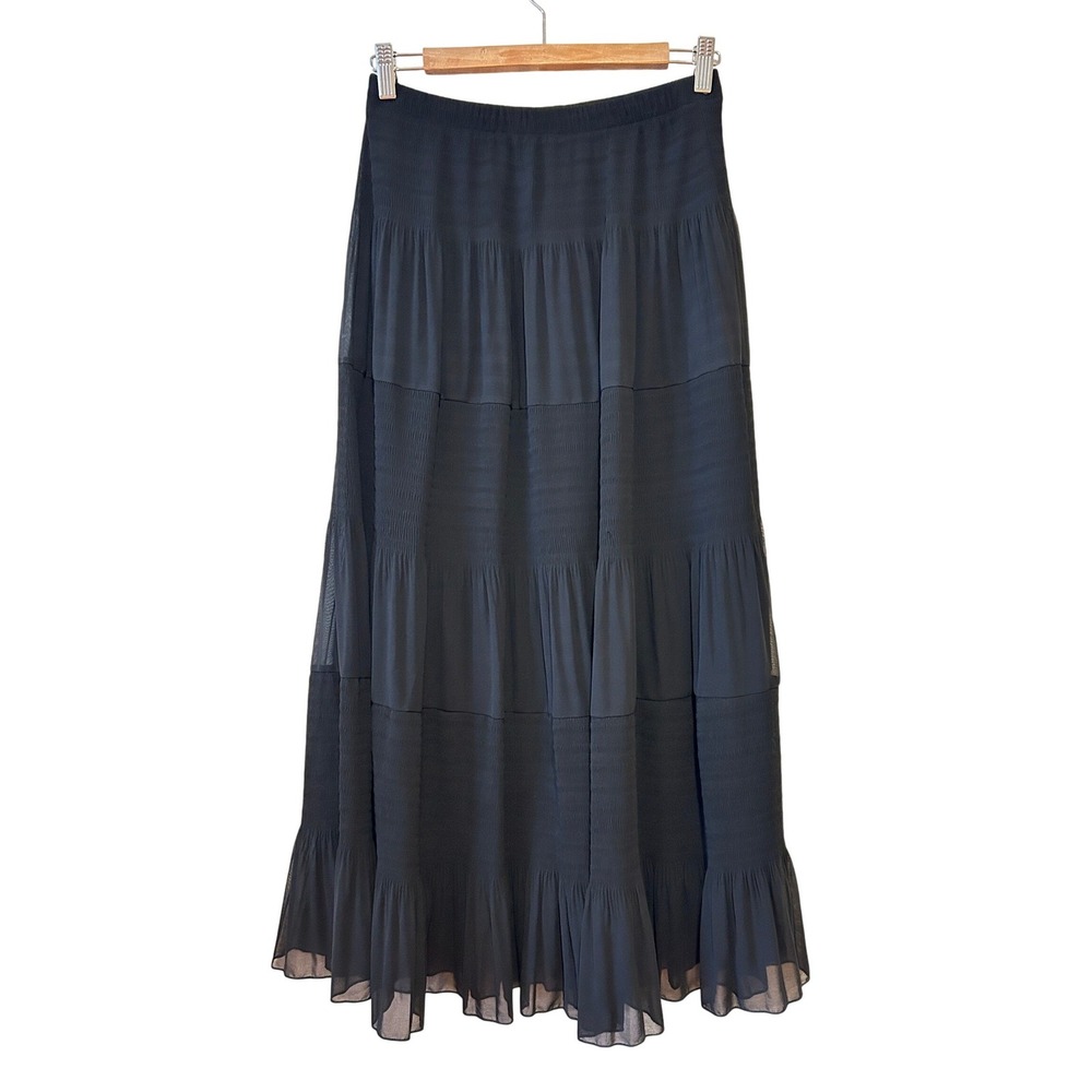 Nashalyly Maxi Skirt Size L Black Tiered Pull On Boho Sheer Chiffon Flowy Goth